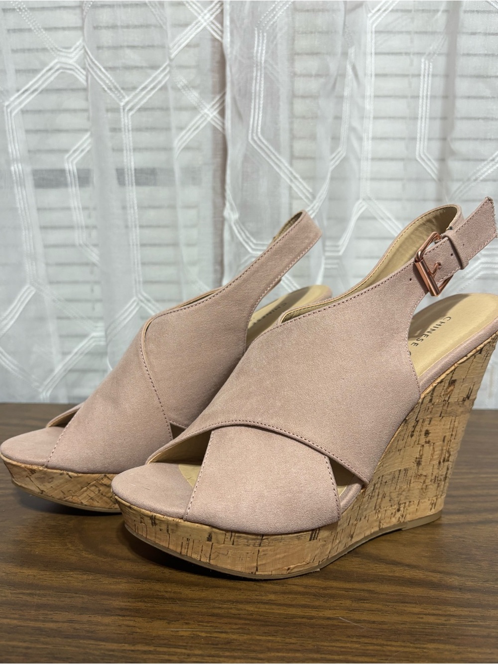 Chinese Laundry 8.5 Women’s Blush Pink Cork Wedge Slingback Sandals NWOT “MYYA”